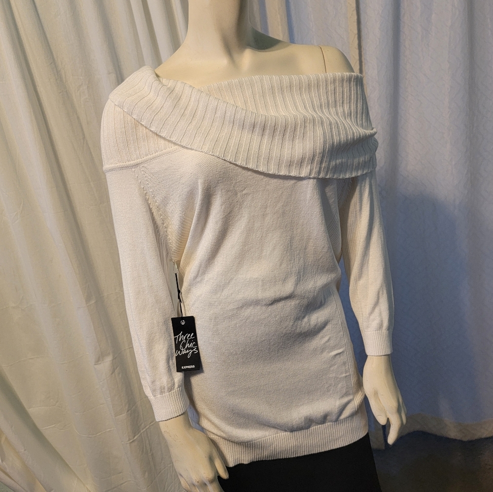 Express 3 Chic Ways Off The Shoulder‎ White Long Sweater NWT MED